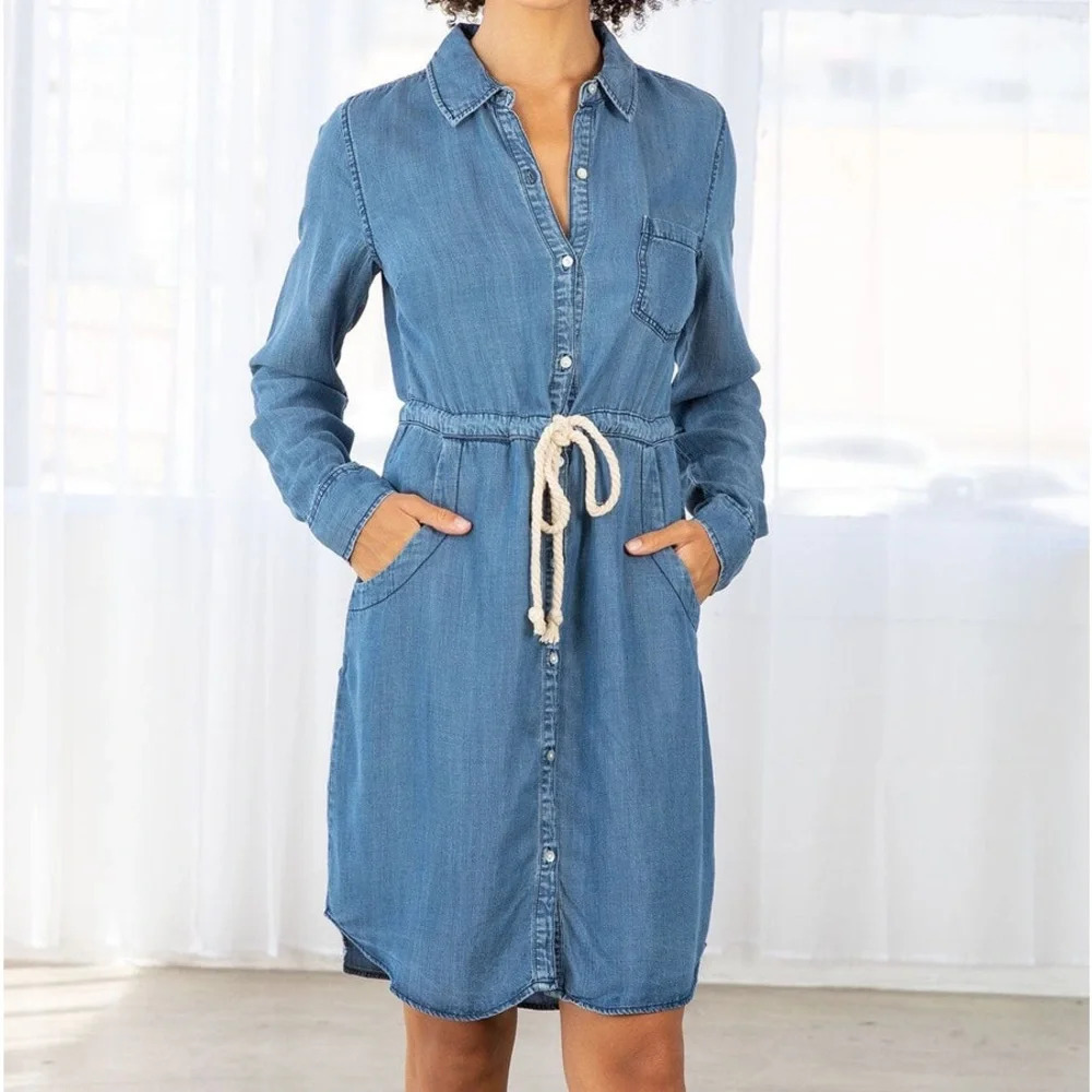 Lovestitch Blue Chambray Button Up Collared Long‎ Sleeve Tencel Mini Shirt Dress